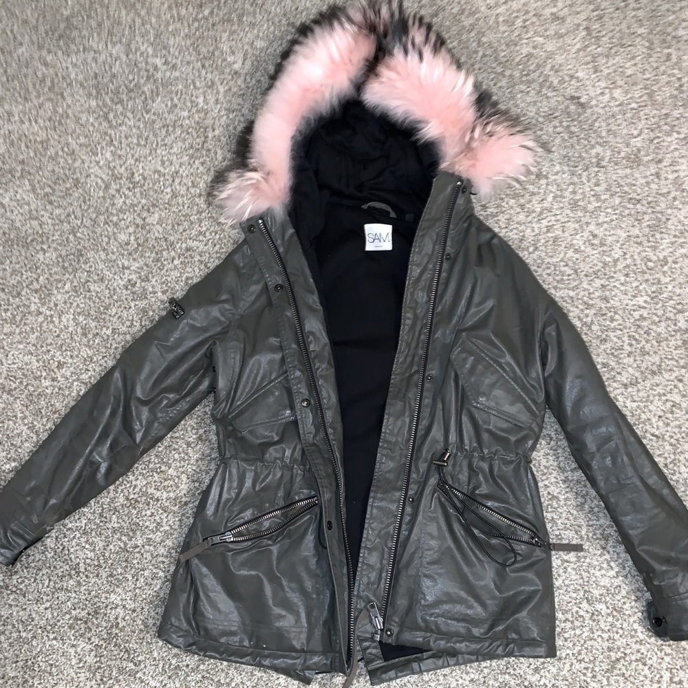 Dark leather green SAM coat with pink fur hood